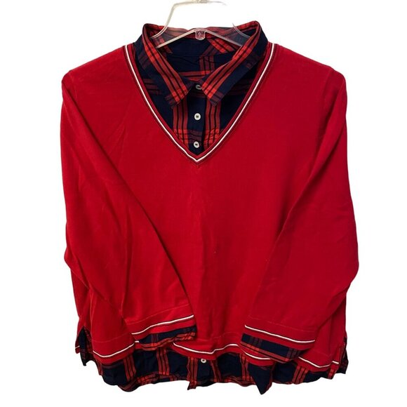 Tommy Hilfiger‎ Layered-Look Sweater printed woven collar top 2X - Picture 1 of 10
